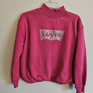 Levi's Big Girls Mockneck Bubble Knit Sweatshirt Pink with Silver Gems XL
